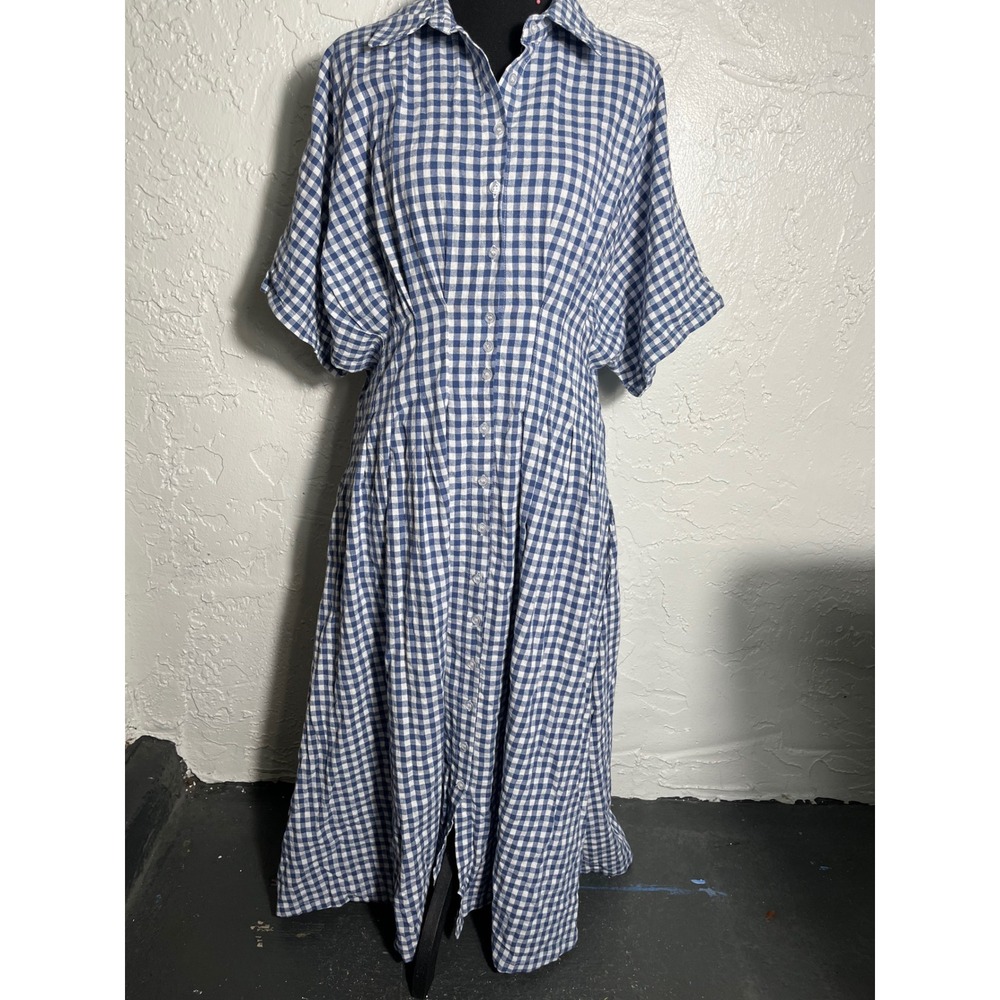 Yeokou Blue White Gingham Button Front Midi Shirt Dress Size L